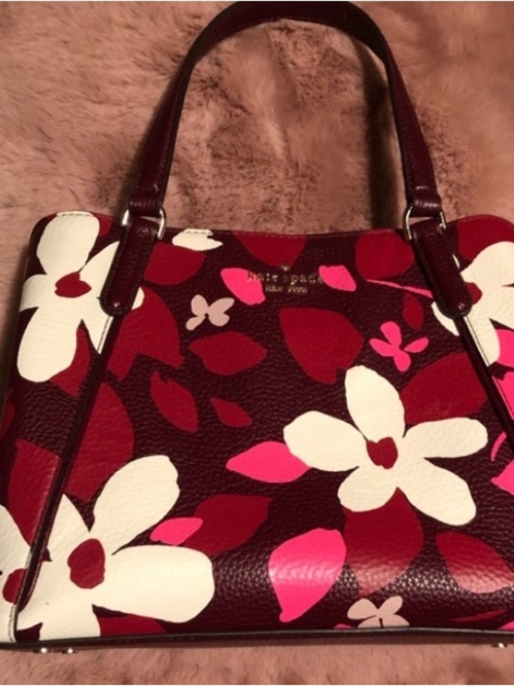 kate spade Burgundy Floral Leather Shoulder Bag with White and Pink Accents